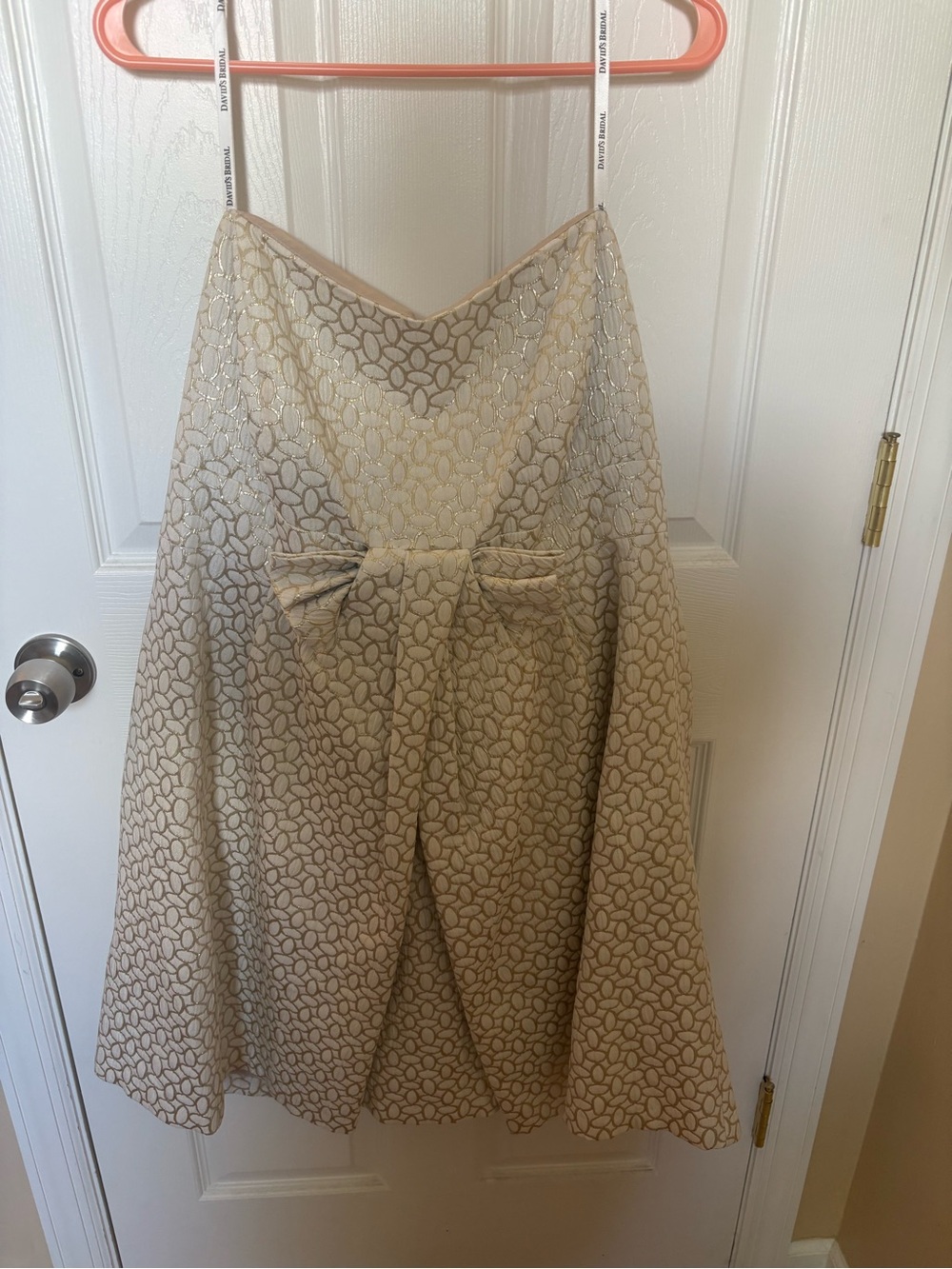 David's Bridal Gold Brocade A-Line Dress with Front Bow